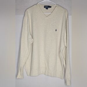 Polo Ralph Lauren Men V-Neck 100% Cotton Sweater Beige Cream XXL Stretch Casual